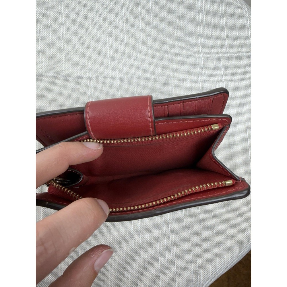 Coach Wallet Womens One Size Brown Red Signature Logo Zip Around Bifold Leather - Picture 5 of 12